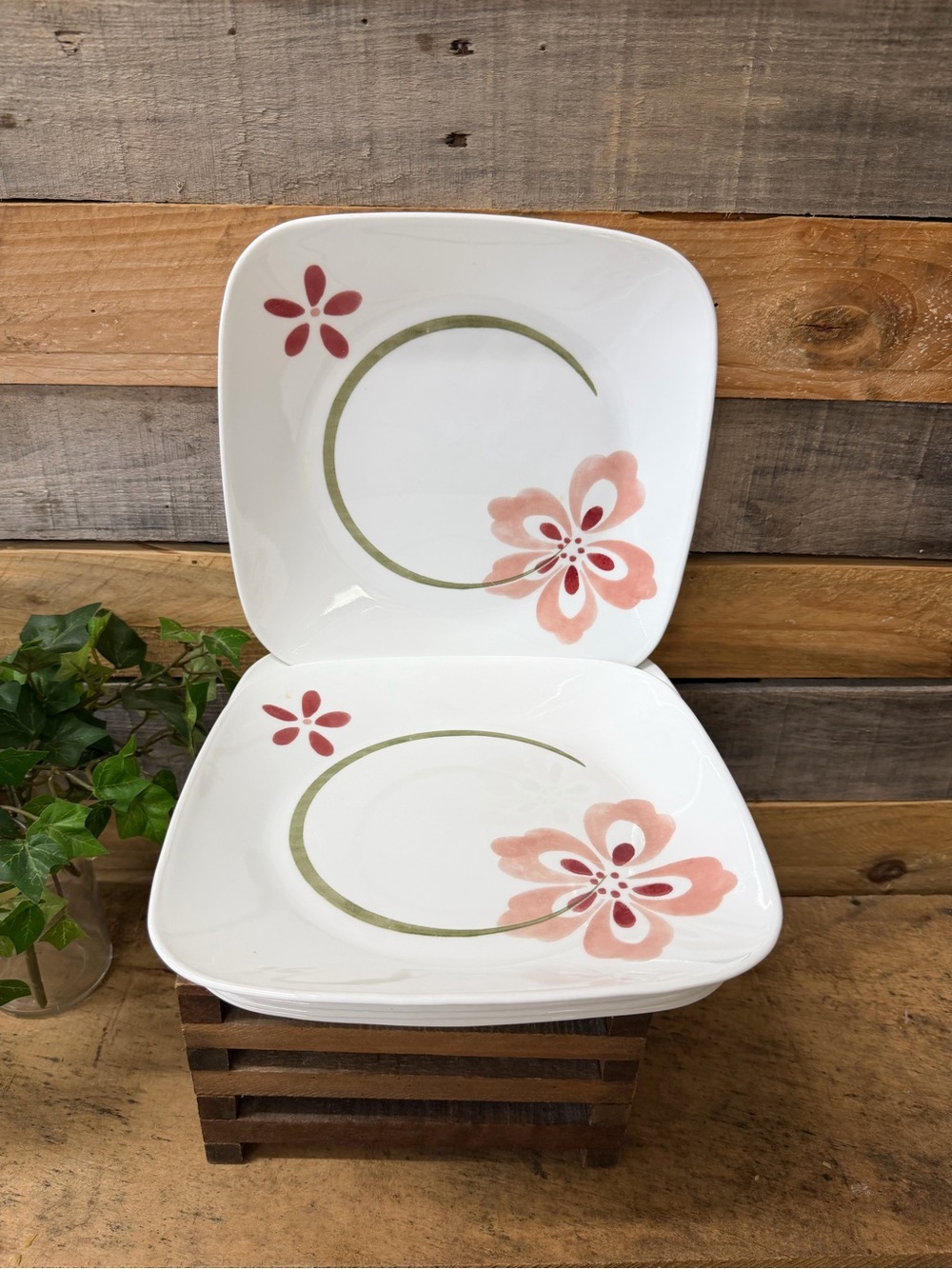 Set of 4 Corelle White Square Salad Plates with Pink Floral and Green Accent